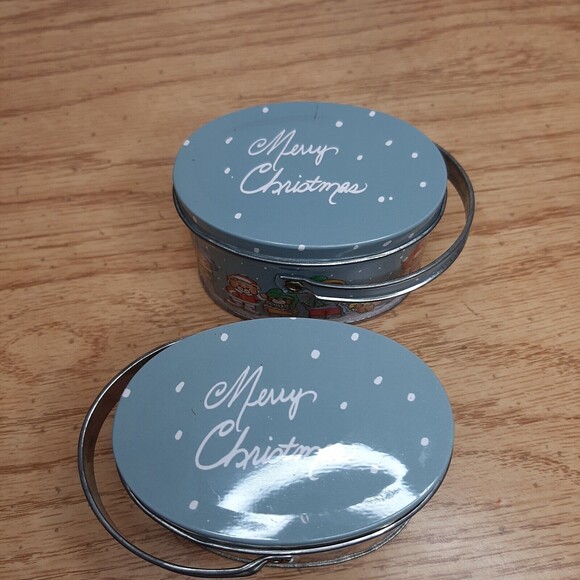 Pair VTG RAZ Imports Merry Christmas Mini Anthropomorphic Bear Tins w/ Handle - Picture 3 of 10